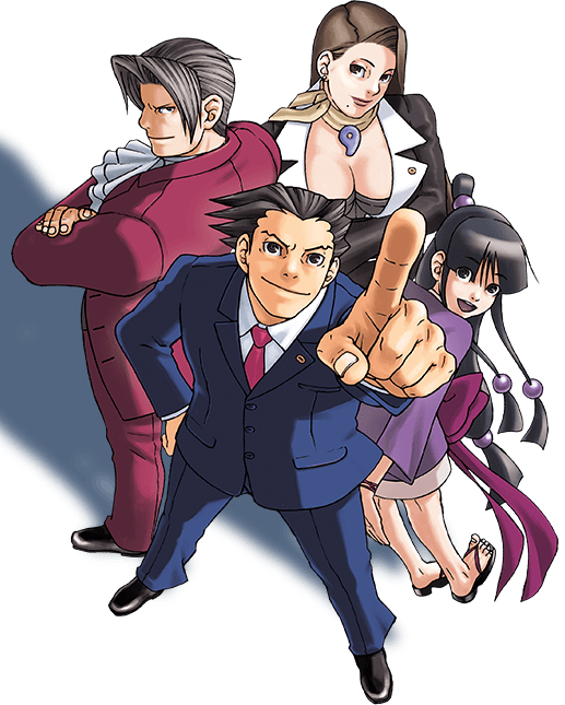 phoenix wirght, miles edgeworth, mia fey, and maya fey